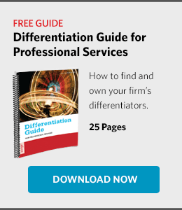 An advertisement for a free guide titled Differentiation Guide for Professional Services, offering a 25-page PDF to help firms find and own their differentiators, with a blue Download Now button.