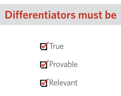 A checklist under the heading Differentiators must be with three checked items: True, Provable, and Relevant.