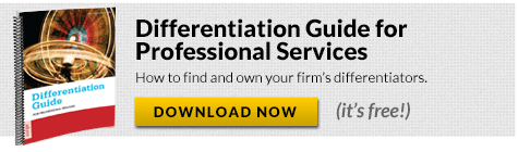 Spiral-bound book titled Differentiation Guide next to text: Differentiation Guide for Professional Services. How to find and own your firms differentiators. Yellow button: Download Now (its free!).
